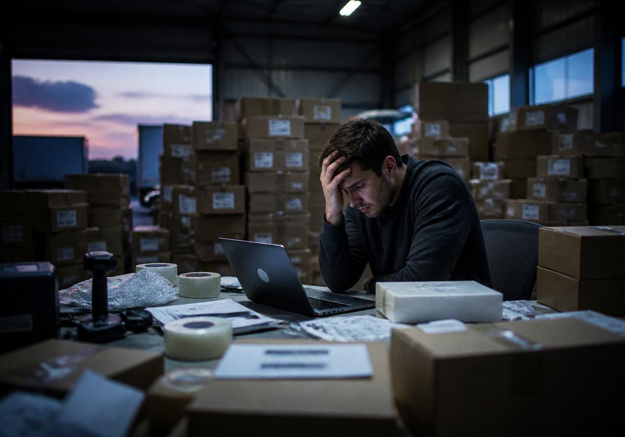 Stressed dropshipper surrounded by stacks of unshipped cardboard boxes in a warehouse